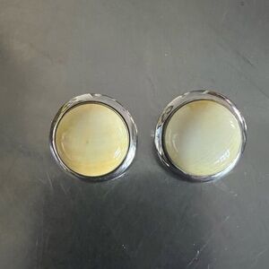 Vintage Sterling Silver & Ivory/Bone  Round Clip Earrings